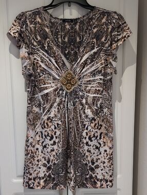 Apt. 9 Brown, Black & White Paisley Abatract Print Cap Sleeve Tunic Top